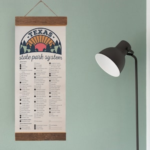 May include: A printable checklist of Texas state parks, featuring a retro-style illustration of a sunset over a forest. The checklist includes a list of state parks, state natural areas, and state historic sites.