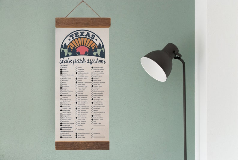 May include: A printable checklist of Texas state parks, featuring a retro-style illustration of a sunset over a forest. The checklist includes a list of state parks, state natural areas, and state historic sites.