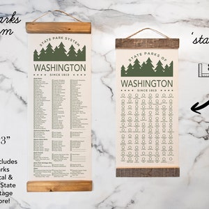 Listes de contrôle du parc dÉtat WA AVEC stylo // État de Washington // Panneau suspendu en toile // Cadeau daventure fait à la main // Expérience Explorez Washington Pine Trees - Small