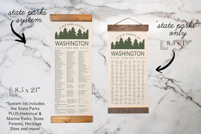WA State Park Checklists WITH Pen // Washington State // Canvas Hanging Sign // Handmade Adventure Gift // Experience Explore Washington Pine Trees - Small