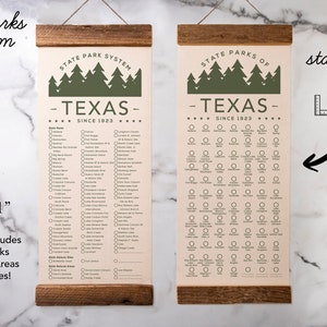 May include: A printable checklist of Texas State Parks, Natural Areas, and Historic Sites. The checklist is printed on a cream-colored background with a green forest design at the top. The checklist is 8.5 inches by 21 inches.