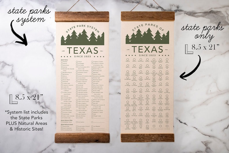 May include: A printable checklist of Texas State Parks, Natural Areas, and Historic Sites. The checklist is printed on a cream-colored background with a green forest design at the top. The checklist is 8.5 inches by 21 inches.