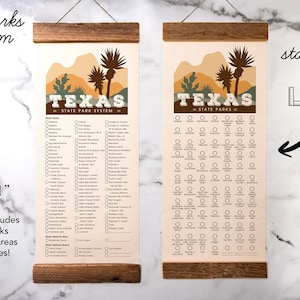May include: A checklist of Texas State Parks, Natural Areas, and Historic Sites. The checklist is printed on a canvas scroll with a wooden dowel at the top. The scroll is 8.5 inches by 21 inches. The checklist is divided into three sections: State Parks, Natural Areas, and Historic Sites. Each section has a list of parks, areas, or sites with a box next to each one. The checklist is illustrated with a stylized image of the Texas landscape.