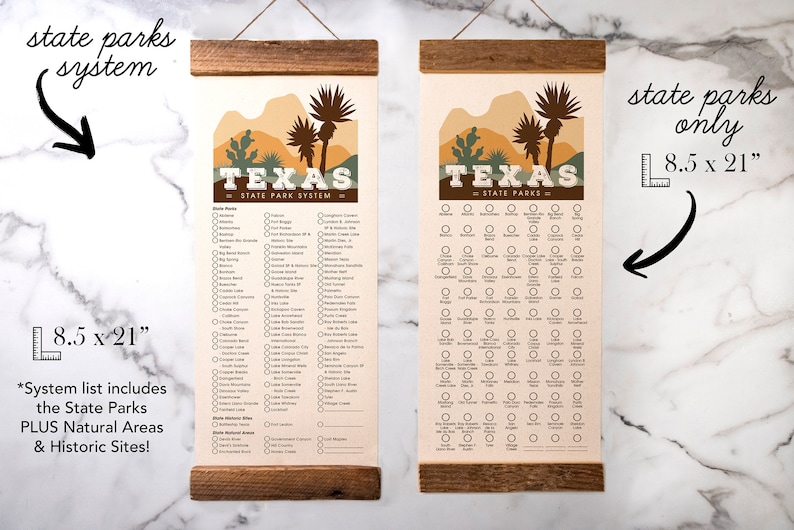 May include: A checklist of Texas State Parks, Natural Areas, and Historic Sites. The checklist is printed on a canvas scroll with a wooden dowel at the top. The scroll is 8.5 inches by 21 inches. The checklist is divided into three sections: State Parks, Natural Areas, and Historic Sites. Each section has a list of parks, areas, or sites with a box next to each one. The checklist is illustrated with a stylized image of the Texas landscape.
