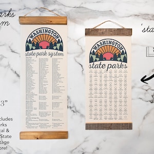 WA State Park Checklists WITH Pen // Washington State // Canvas Hanging Sign // Handmade Adventure Gift // Experience Explore Washington Sunset - Small