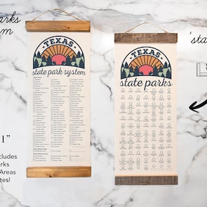 May include: Two 8.5 by 21 inch canvas prints with a vintage design featuring a list of Texas state parks. The print on the left includes the entire state park system, while the print on the right only includes state parks. Both prints have a wooden dowel at the top.