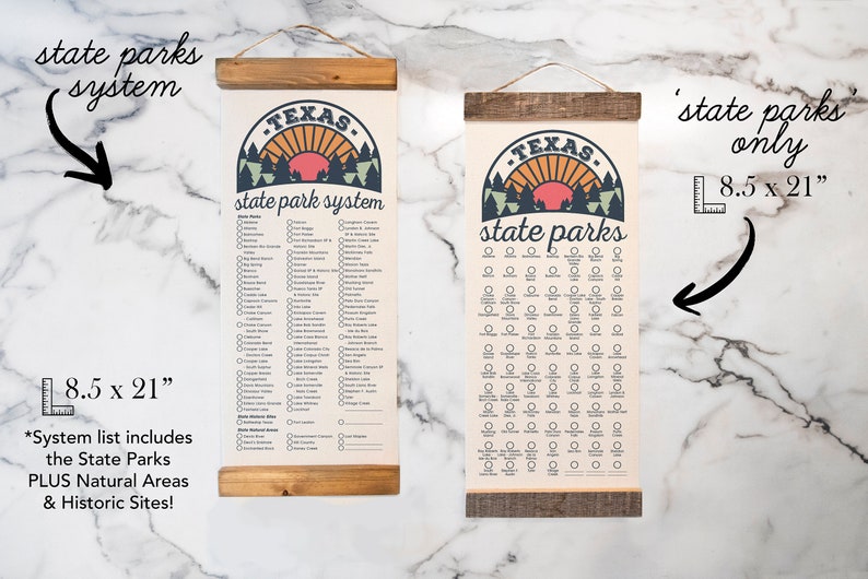 May include: Two 8.5 by 21 inch canvas prints with a vintage design featuring a list of Texas state parks. The print on the left includes the entire state park system, while the print on the right only includes state parks. Both prints have a wooden dowel at the top.