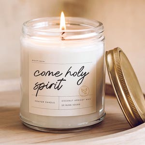 Christian prayer candle, Come Holy Spirit catholic gift for her religious faith inspired bible study home decor modern script minimal glass