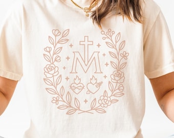 Miraculous Medal Womens T-shirt Modern Catholic Floral Tee Rosary Religious Comfort Colors Virgin Mary Gift Faith Apparel Marian Design