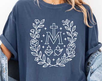 Miraculous Medal Womens T-shirt Modern Catholic Floral Tee Rosary Religious Comfort Colors Virgin Mary Gift Faith Apparel Marian Design