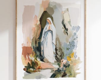 Artful Painting Our Lady of Lourdes Artwork Virgin Mary Catholic Modern Art Print Gift for Her Blessed Mother Neutral Christian Home Decor