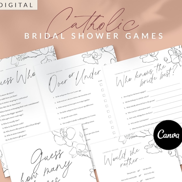 Catholic Bridal Shower Games (10), Modern Floral Printable Design, Minimal Wedding Shower Game Bundle, Editable Catholic Bridal Party Game