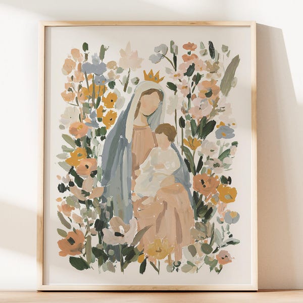 Artful Painting Virgin Mary Baby Jesus Artwork Blessed Mother Catholic Modern Art Print Our Lady Gift for Her Neutral Christian Home Decor