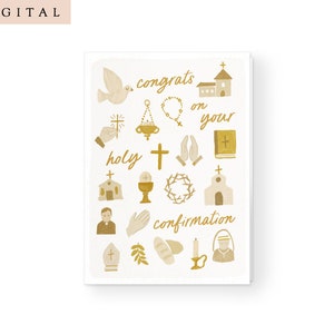 Happy Holy Cresima Congrats Greeting Card - PRINTABLE Mano religiosa cattolica illustrata