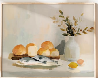 Neutral Artful Still Life Loaves and Fish Painting Art Painterly Jesus Bread Vintage Christian Miracle Scripture Modern Kitchen Artwork