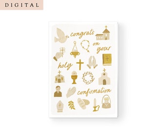 May include: A white card with gold illustrations of religious symbols and the text "congrats on your holy confirmation".