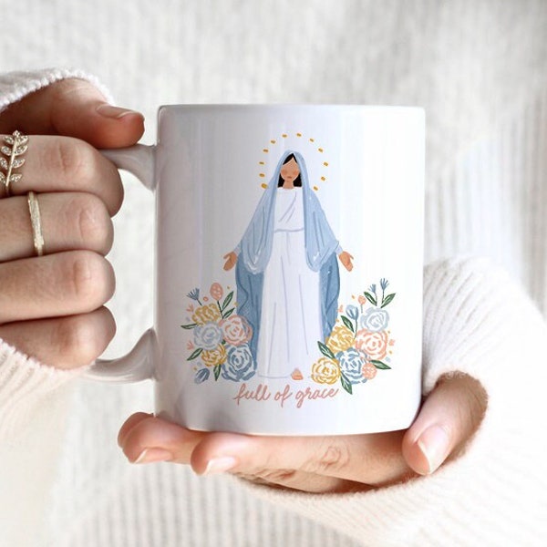 Virgin Mary Catholic Mug Flower Illustration Art Coffee Tea Full of Grace Blessed Mother Religious gift for her for Mom Teen Girl Teacher