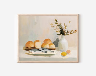Digital Neutral Artful Still Life Painting Loaves and Fish Art Painterly Jesus Bread Christian Scripture Modern Kitchen Artwork Homley