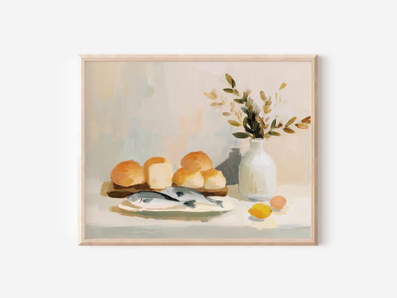 Digital Neutral Artful Still Life Painting Loaves and Fish Art Painterly Jesus Bread Christian Scripture Modern Kitchen Artwork Homley