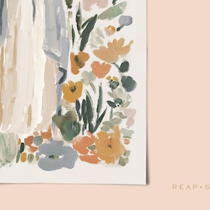 May include: An abstract floral painting with a soft color palette. The artwork features brushstrokes of white, beige, gray, and various shades of green and orange. The text "REAP + SOW" is in the bottom right corner.