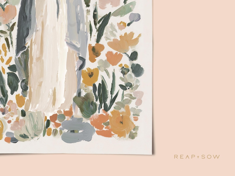May include: An abstract floral painting with a soft color palette. The artwork features brushstrokes of white, beige, gray, and various shades of green and orange. The text "REAP + SOW" is in the bottom right corner.