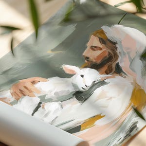 Peut inclure: Peinture abstraite repr&eacute;sentant une figure en robe blanche tenant un agneau blanc. L'&oelig;uvre utilise une palette de couleurs douces, dont le beige, le marron et les verts sourds. Le style rappelle la peinture au pinceau.