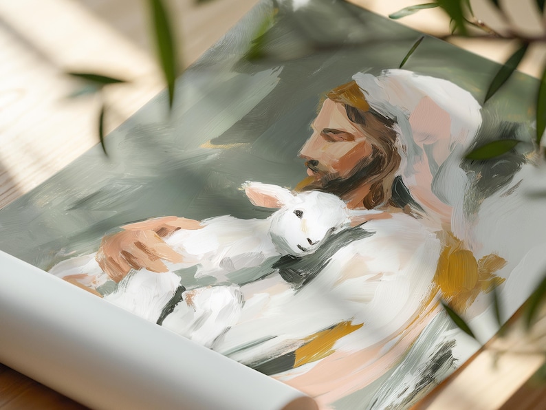 Peut inclure: Peinture abstraite repr&eacute;sentant une figure en robe blanche tenant un agneau blanc. L'&oelig;uvre utilise une palette de couleurs douces, dont le beige, le marron et les verts sourds. Le style rappelle la peinture au pinceau.