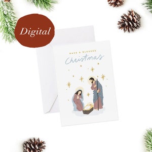 Nativity Christmas Greeting Card - Mary and Joseph Christian Christmas Card Template, Digital Christmas Card, Digital Christmas Art print