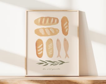 Neutral Artful Loaves and Fish Art with Phrase Painterly Jesus Bread Christian Miracle Scripture Kitchen Artwork Modern Print Homely Decor