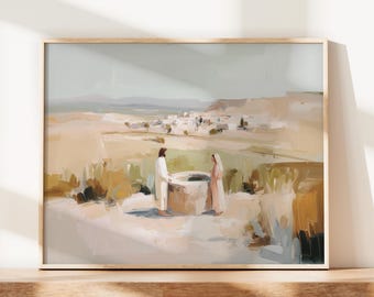 Artful Jesus Samaritan Woman at the well Oil Painting Catholic Gift for Her Christ Calm Minimal Wallart Floral Subtle Christian Art Print