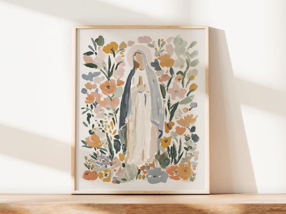 Artful Painting Blessed Mother of God Floral Artwork Virgin Mary Catholic Modern Art Print Our Lady Gift for Her Neutral Christian Decor