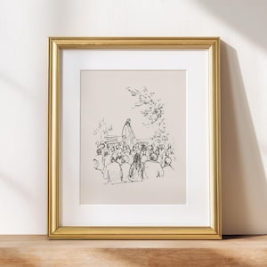 May include: Framed art print featuring a black and white sketch of a religious scene. The artwork depicts a figure addressing a crowd, set within a gold-colored frame. The print is displayed on a wooden surface against a white wall.