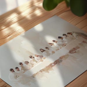May include: A watercolor painting of a group of people in white robes sitting at a long table. The painting is done in a soft, muted palette and has a dreamy, ethereal quality.