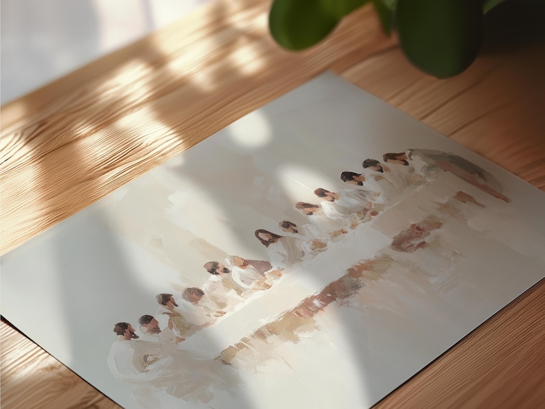 May include: A watercolor painting of a group of people in white robes sitting at a long table. The painting is done in a soft, muted palette and has a dreamy, ethereal quality.