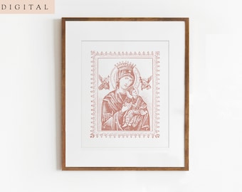 May include: A framed print of a vintage illustration of the Virgin Mary holding a baby Jesus. The image is in shades of pink and white and features an ornate border.
