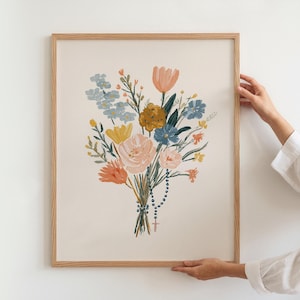 Flower Bouquet Rosary Artful Botanical Painting Catholic Gift for Her Virgin Mary Blessed Mother Wallart Floral Subtle Christian Art Print