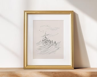 Neutral Jesus Artful Sketch Be Still Calm Storm Art Artful Hand Drawing Vintage Christian Artwork Modern Print Homely Decor