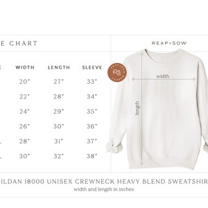 May include: Size chart for a unisex Gildan 18000 crewneck sweatshirt. The chart shows the width, length, and sleeve length in inches for sizes S through 3XL.
