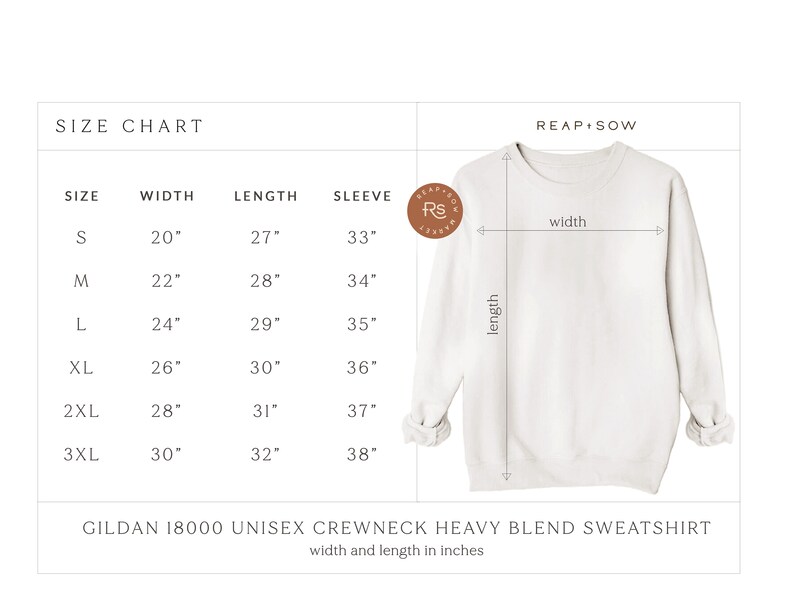May include: Size chart for a unisex Gildan 18000 crewneck sweatshirt. The chart shows the width, length, and sleeve length in inches for sizes S through 3XL.
