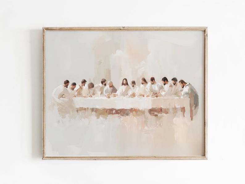 May include: A painting depicting the Last Supper, featuring Jesus and his disciples gathered around a table. The painting is done in a soft, muted palette of white, beige, and brown, with a focus on the figures and their expressions. The painting is framed in a simple, wooden frame.