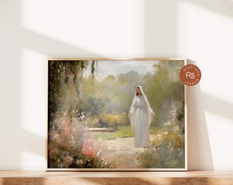 May include: A painting of a woman in a white dress walking through a garden. The woman is surrounded by flowers and trees. The painting is done in a soft, muted palette.