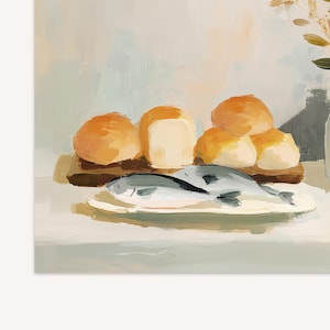 May include: An artistic still life painting featuring a plate of fish, rolls, and a lemon. The fish are silver and gray, the rolls are golden brown, and the lemon is bright yellow. A white vase with greenery is in the background.