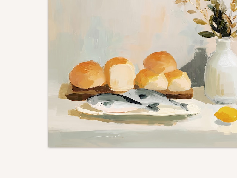 May include: An artistic still life painting featuring a plate of fish, rolls, and a lemon. The fish are silver and gray, the rolls are golden brown, and the lemon is bright yellow. A white vase with greenery is in the background.