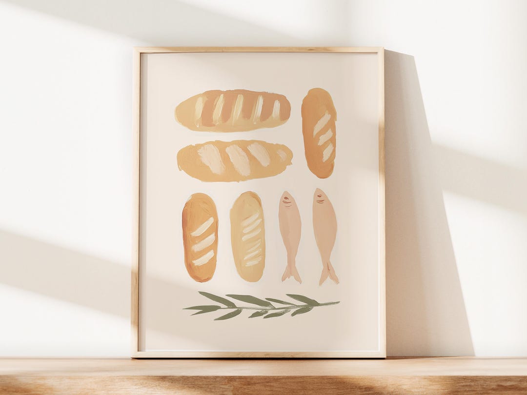 Neutral Artful Loaves and FIsh Art Painterly Jesus Bread Vintage Christian Miracle Scripture Kitchen Artwork Modern Print Homely Decor