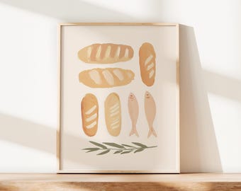 Art du poisson neutre et art pictural Jésus pain vintage Christian Miracle Ecriture cuisine oeuvre d'art impression moderne décoration chaleureuse