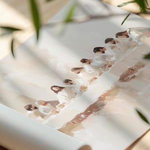 May include: A painting depicting a group of people in white robes gathered around a table. The painting is done in a soft, muted palette of white, beige, and brown.