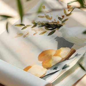 May include: An abstract painting of a still life with a white vase, bread, and olive branches. The artwork features a neutral color palette with shades of white, beige, and green. The painting is rolled up, revealing the back of the canvas.