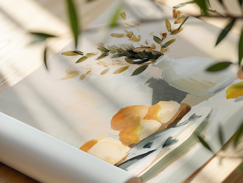 May include: An abstract painting of a still life with a white vase, bread, and olive branches. The artwork features a neutral color palette with shades of white, beige, and green. The painting is rolled up, revealing the back of the canvas.