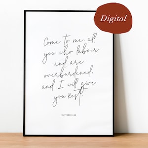 DIGITAL Handwritten Matthew 11:28 Bible Quote Print, Catholic print, Catholic wall art, religious art