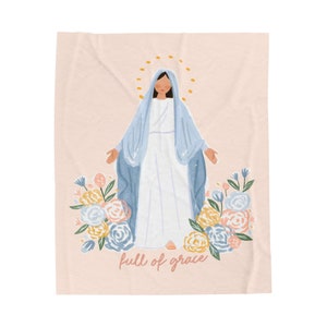 Blessed Virgin Mary Catholic Blanket Christian Soft Throw Marian gift for her Pink Religious Cover Female Faith Home Decor for Mom Teen Girl